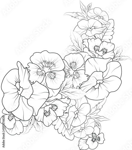 realistic pansy drawing  outline pansy flower drawing  traditional pansy tattoo  pansy line drawing  Flowers branch of violet flower Hand drawing vector illustration Vintage design floral bouque.