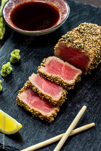 Photography Appetizing yellowfin sesame crusted tuna steak