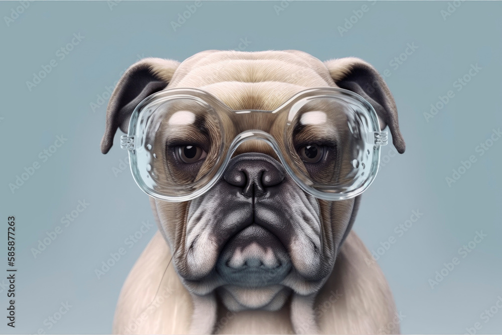 Portrait of an attractive dog in large funny glass glasses on an isolated gray background. Pug beige gray color, looking directly into the camera. Generative AI.