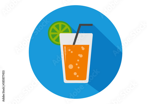 glass of juice with straw and lemon. glass of cocktail. cocktail glass with juice. orange cocktail. drink icon. cup with straw. blue icon. 