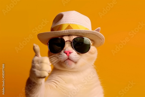 Portrait of a beautiful cat in black sunglasses and a straw hat, holding a thumb up as a sign of excellent work or pointing a finger at the camera on an isolated orange background. Generative AI. photo