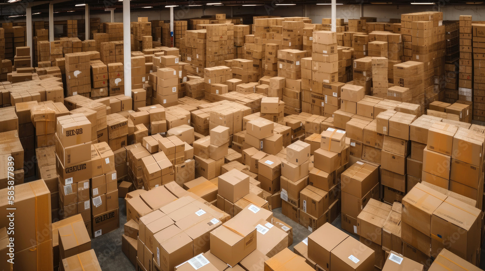 Old style warehouse with cardboard boxes stacked on top of each other. Generative AI Old style warehouse with cardboard boxes stacked on top of each other. Generative AI