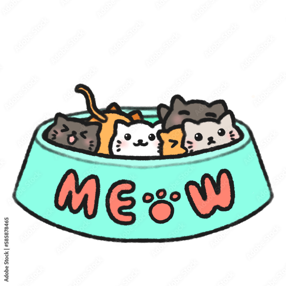 Hand-drawn Cute cat, kitten in blue bowl, Cute animal character design in doodle style Hand-drawn Cute cat, kitten in blue bowl, Cute animal character design in doodle style