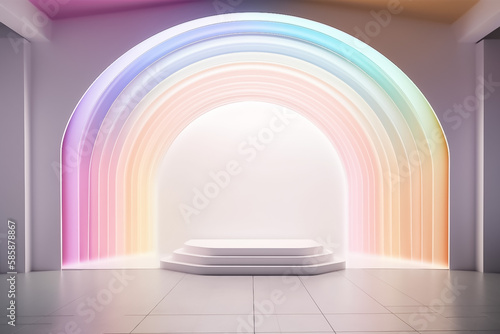Rainbow Pastel, Display mock up 3D luxury stage with LED light and simple shape decoration around it. generative AI © Surachetsh