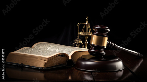 Judge Gavel and law book on a black wooden background. Generative Ai