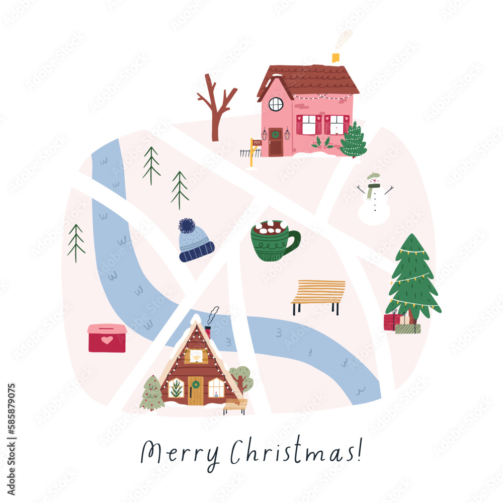 Merry Christmas greeting card with cute map of the city - cartoon flat vector illustration isolated on white background. Hand drawn houses with winter decorations, river and roads.