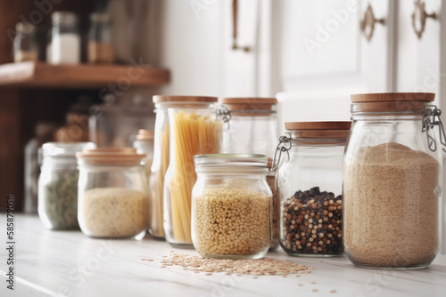 Storage of cereals, beans and pasta in glass containers. AI Generated.