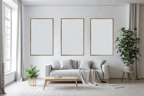 Living room interior with mockup of three wooden empty frames on wall over couch. AI Generated.