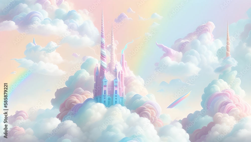 Obraz premium Rainbow unicorn castle in the cloud sky of fantasy background by generative AI