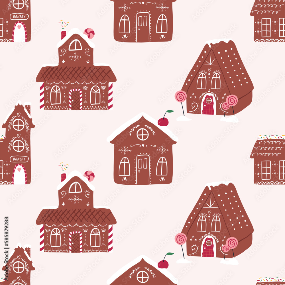 Hand drawn gingerbread house seamless pattern, cartoon flat vector illustration on beige background. Various cute gingerbread houses with icing decoration. Traditional Christmas element.
