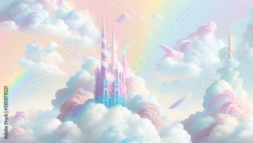 Rainbow unicorn castle in the cloud sky of fantasy background by generative AI