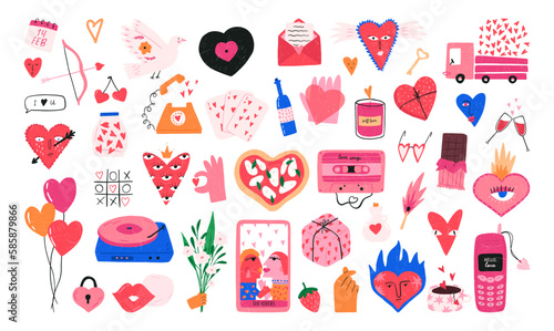Valentine's day funky and quirky set with grunge texture, cartoon vector illustration isolated on white background. Funny elements with concept of love - burning heart, gift box, retro phone.