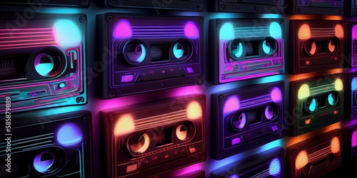 neon pink cassette tapes pattern on a green background with shadow retro backdrop. Generative AI