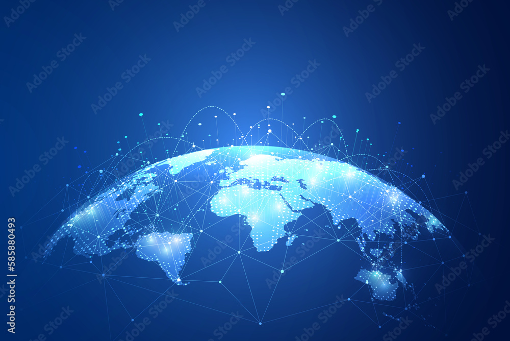 Global network connection. Big data analytics and business concept, world map point and line composition concept of global business, digital connection technology, e-commerce, social network. - obrazy, fototapety, plakaty 