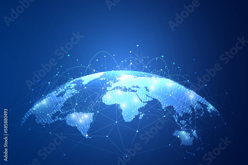 Global network connection. Big data analytics and business concept, world map point and line composition concept of global business, digital connection technology, e-commerce, social network.