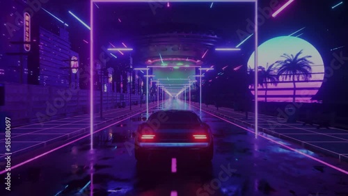 3D Retro Synthwave Night City Car Loop Motion Background with glitch effect. VJ neon background. Futuristic seamless car animation. photo