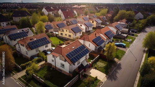 Solar-Powered Neighborhood - Aerial View of Urban Renewable Energy - Generative AI