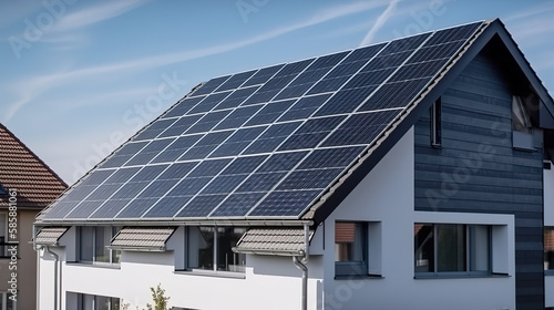 Solar Panels on House Roof - Blue Sky and Renewable Energy - Generative AI