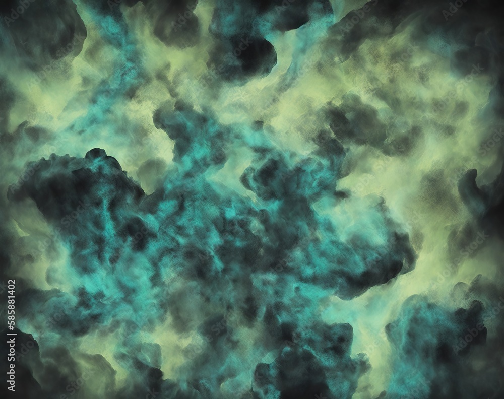 Horror green clouds, grunge dark smoke texture, horror thriller mystery movie wallpaper fog. Generative AI