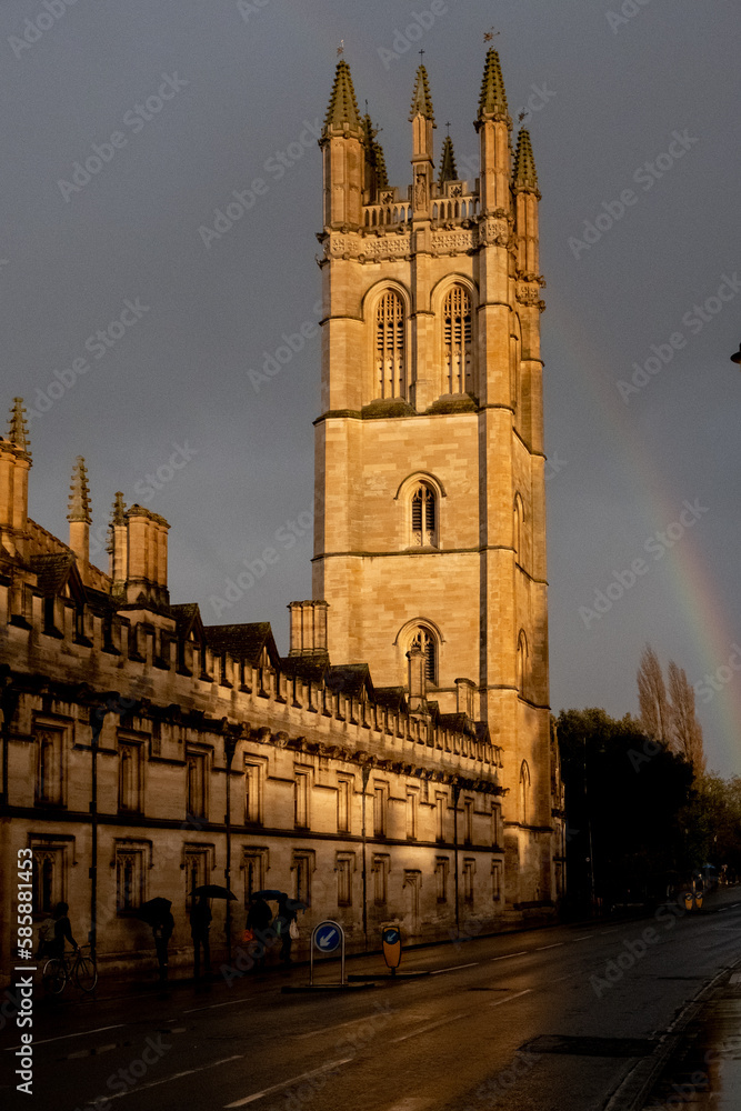 Oxford college tower and rainbow