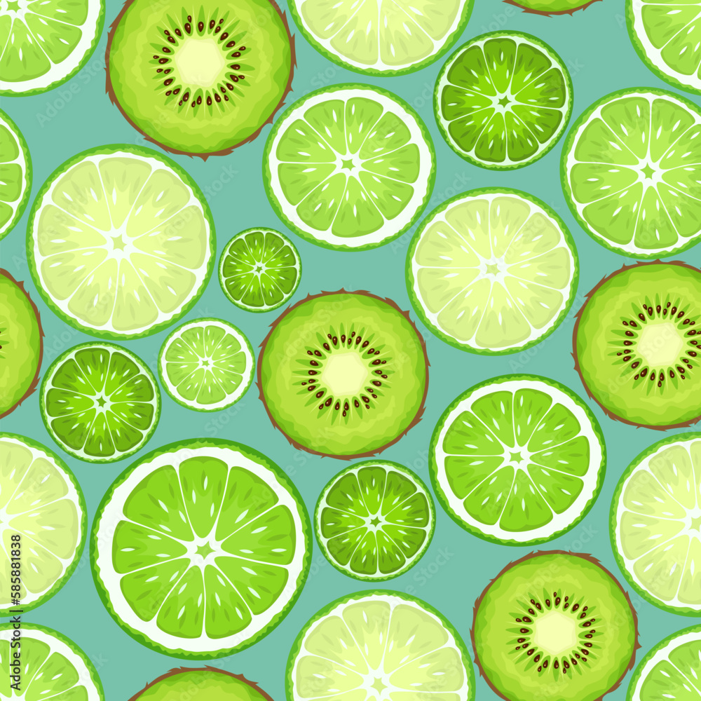 Green kiwi and lime slices on a blue background. Vector seamless pattern