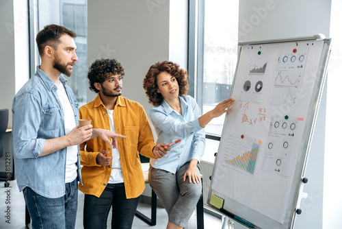 Teamwork. Successful multiracial colleagues, stand in the office near a marker white board, analyze the results of work, financial statistic, predict financial risks and profitability in a boardroom