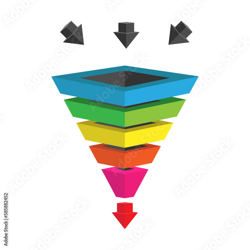 Infographics lead generation, sales funnel with arrows for presentations of applications and sites, 3D simulation