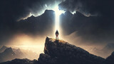 Silhouette of a man standing on top of the mountain, looking at the dark sky with beam of light coming from above