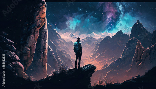 Man standing on cliff looking snowy mountains. View with stars. illustration.