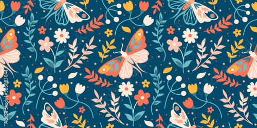 Folk spring seamless background with moth. Mystery luna print with butterfly, herbs and flowers.Bloomy boho graphic. Night floral old art, vintage bohemian fabric.