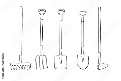 Vector set of outline garden tools: shovel, hoe, rake, pitchfork, in doodle style isolated. Equipments for gardening farming agriculture