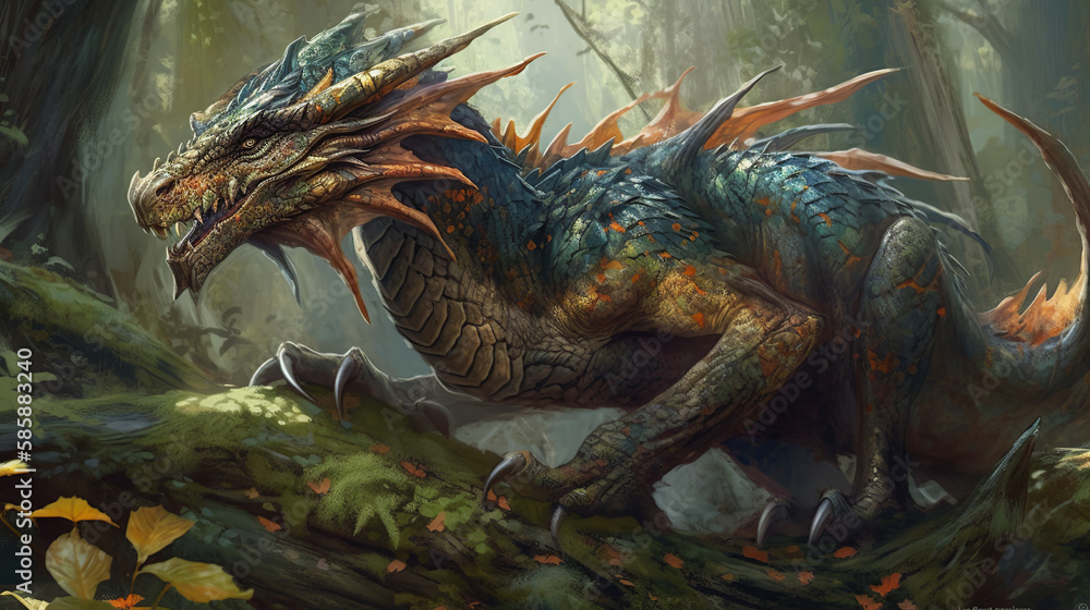 Illustration of a dragon in mystic forest, generative ai Illustration of a dragon in mystic forest, generative ai