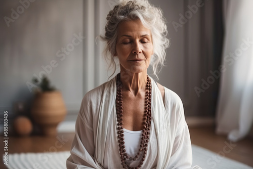 Senior woman meditating indoors. Generative AI.