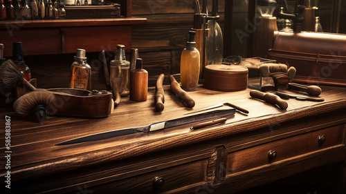 Vintage barber shop tools on wood background. Generative Ai