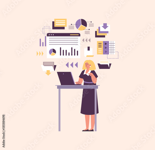 Woman working as data scientist, flat vector illustration isolated on yellow background.