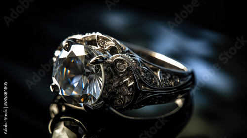 Diamond ring closeup on a dark background. AI