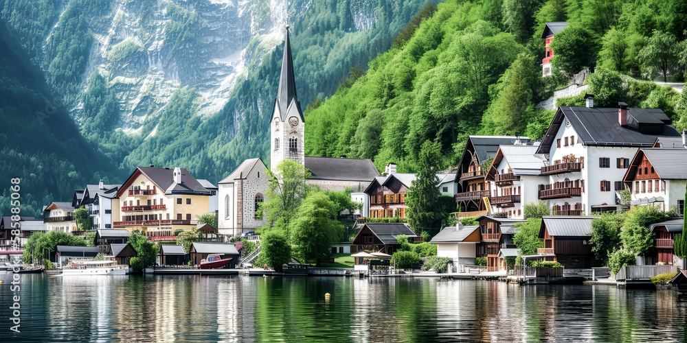 Fototapeta premium A mesmerizing view of the picturesque town of Hallstatt in Austria is revealed, with its steeply sloped roofs, cobbled alleys and lush green fields. - generative ai