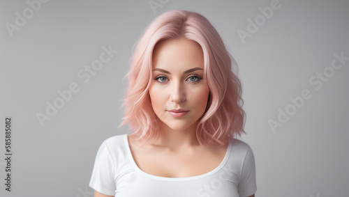Portrait of beautiful young woman with pink hairstyle and white top. Cleavage. Model studio shot. Copy space. Generative AI