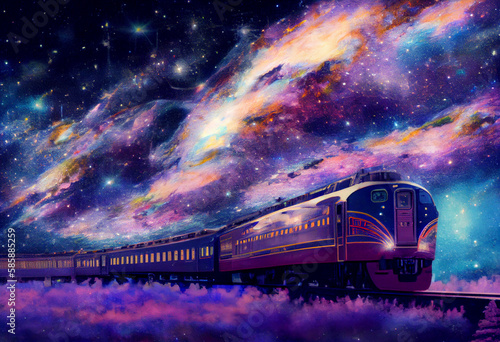A long train rides through a beautiful place at night, all around the night sky, bright stars and planets. AI Generated