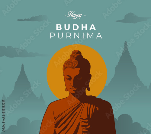 Happy Vesak Day, Buddha Purnima wishes greetings with a buddha minimal vector illustration. Can be used for posters, banners, greetings, and print design