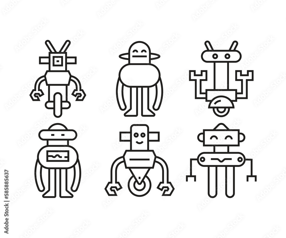 humanoid robot icons set line illustration