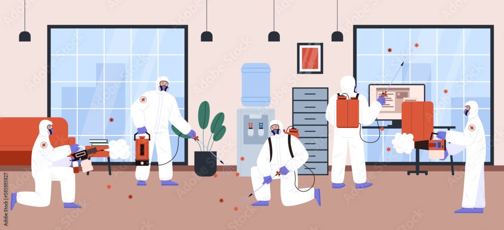 Disinfection service workers cleaning office room, flat vector illustration. Disinfection service workers cleaning office room, flat vector illustration.