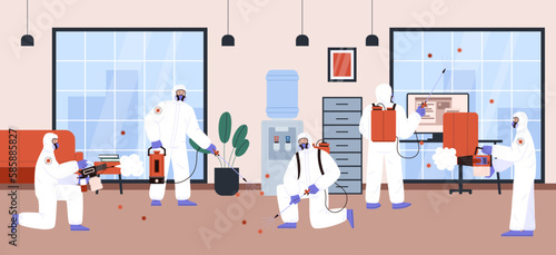 Disinfection service workers cleaning office room, flat vector illustration.