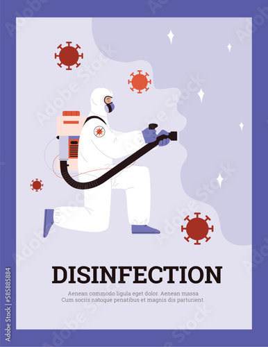 Person spraying disinfectant, disinfection service advertising poster, flat vector illustration.