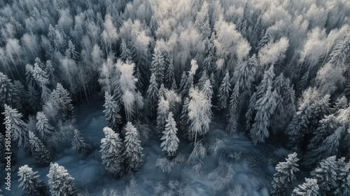 Aerial top view of winter forest landscape, generative ai