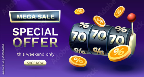 Casino slots mega sale 70 off banner, promotion flyer, Special offer. Vector illustration