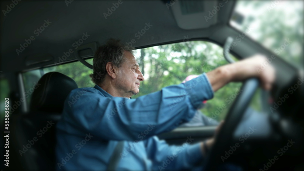 One elder mature man waiting in traffic driving car One elder mature man waiting in traffic driving car