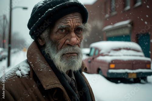 portrait of a man in the snow, Forgotten in the Cold: A Portrait of Homelessness, Close-up portrait of an elderly homeless man with a beard on a snowy street. image created with ia