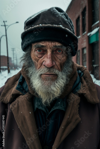 portrait of old person, Close-up portrait of an elderly homeless man with a beard on a snowy street, The Face of Poverty: A Powerful Portrait of Homelessness, image created with ia