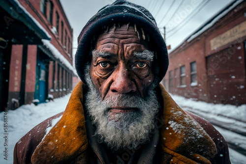 Close-up portrait of an elderly homeless man with a beard on a snowy street, Close-up portrait of an elderly homeless man with a beard on a snowy street, image created with ia